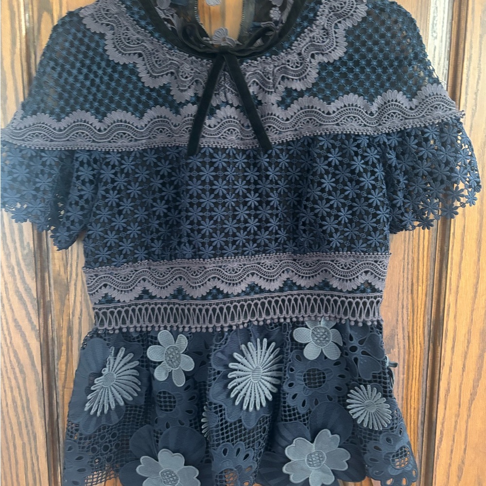 Self-Portrait Navy and Gray Lace Blouse